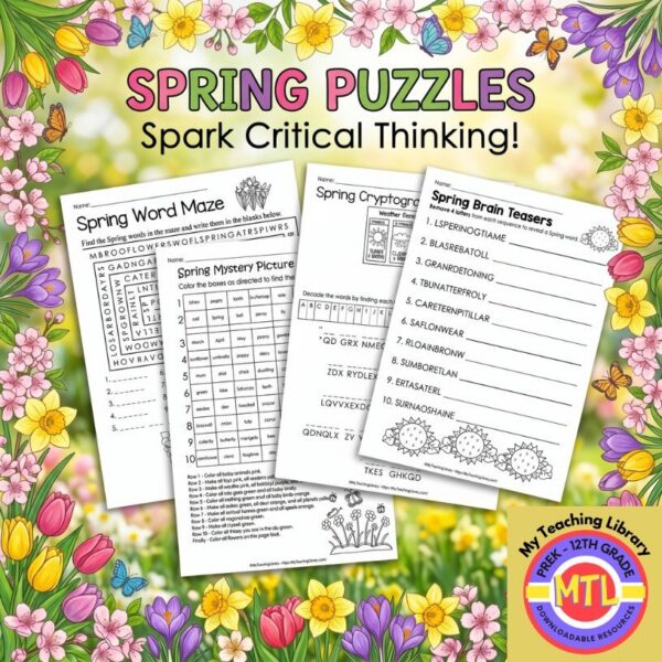 Springtime Brain Teaser Spring Puzzle Pack - Word Maze, Cryptogram, Mystery Picture, Brain ...