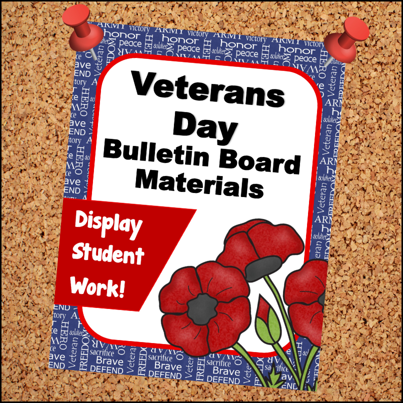 Create a beautiful bulletin board in honor of Veterans Day with this resource AND show off the work of your students!

This resource contains 23 pages of 'decorative' material for you to use and 6 student pages. Assign all or some of the student pages and then display!