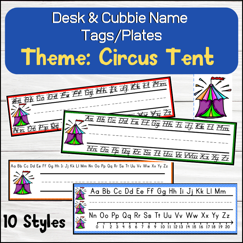 This 6 page download offers 10 different circus tent themed tags from which to choose! Use on student desks or cubbies. Created to print on legal size paper, if you would like smaller desk tags simply shrink to fit during the printing setup.