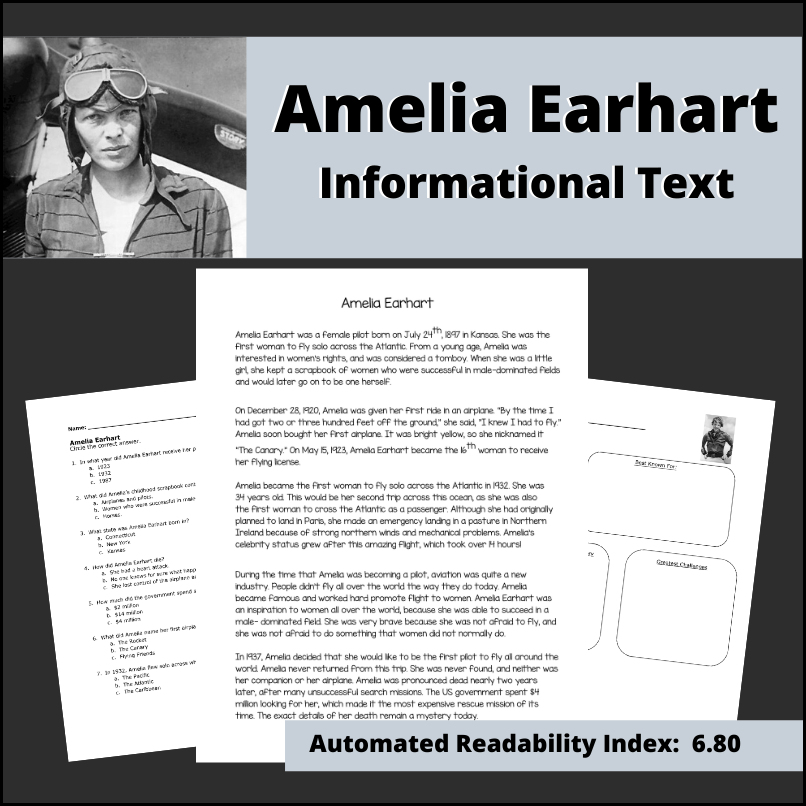 Amelia Earhart Reading Passage and worksheets