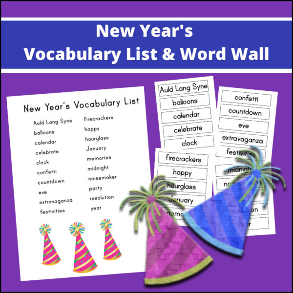If you are searching for holiday related vocabulary to use for language or writing activities, here are 20 words, all New Year's Eve - celebration oriented!

Terms include: Auld Lang Syne, balloons, calendar, celebrate, clock confetti, countdown, eve, extravaganza, festivities, firecrackers, happy, hourglass, January, memories, midnight noisemaker, party, resolution, year
