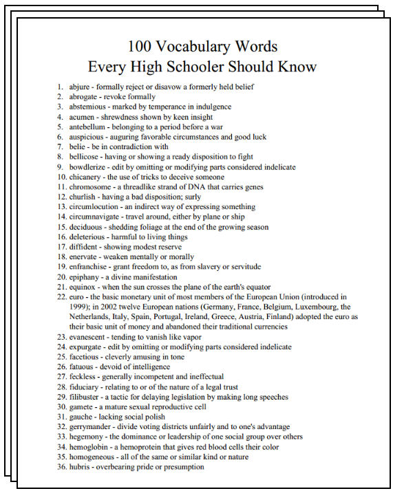 High School Vocabulary List Free Printable
