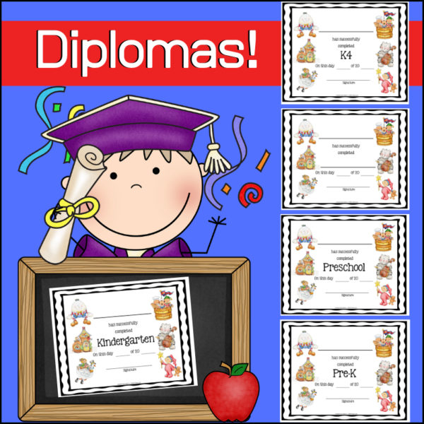 Celebrate the end of the year with these nursery rhyme themed diplomas for Preschool, Pre-K, K4 and Kindergarten! Your early learners will feel extra special receiving their graduation certificates.