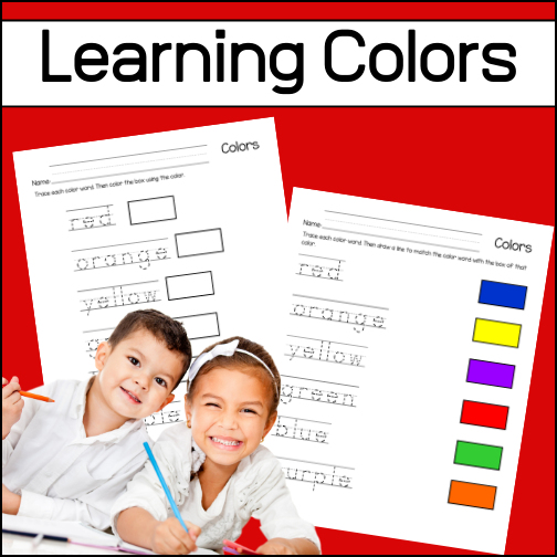 Give students practice printing (tracing color words) and coloring (fine motor skills) as they are learning colors: red, orange, yellow, green, blue and purple.
