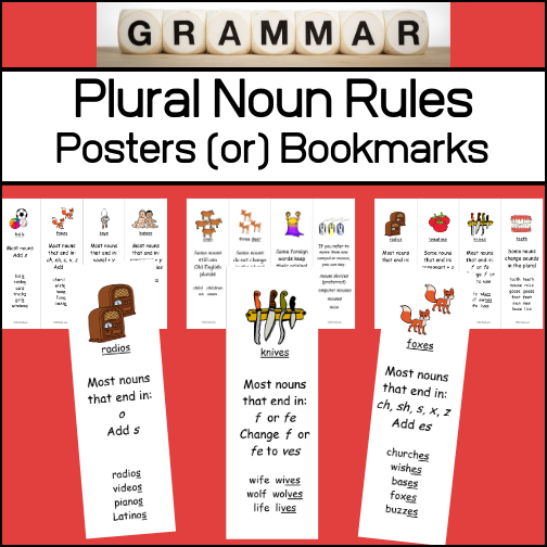 This resource can be used as 3 posters or 12 bookmarks and will help students remember the rules for plural nouns.