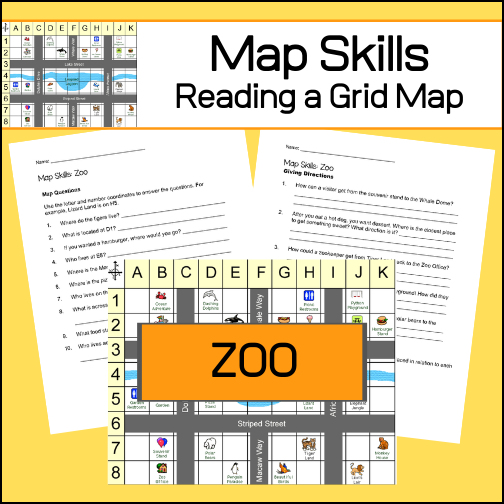 Help students learn to read a grid map with this fun zoo themed resource! Students will be given a grid map of a zoo and asked several questions requiring them read and navigate throughout the map. There are also two additional activities to extend learning (through writing and creative design).