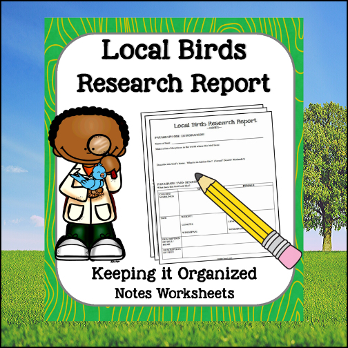 This resource can be used to research and report on one bird or use again and again to create an entire collection of notebook pages on local birds. Regardless of where you live, these pages will have students observing and learning about local birds.


Once a student identifies the bird to be researched, they will report on...
- where the bird lives
- habitat
- physical characteristics
- diet
- predators
...as well as reporting self-reflection on their learning.
