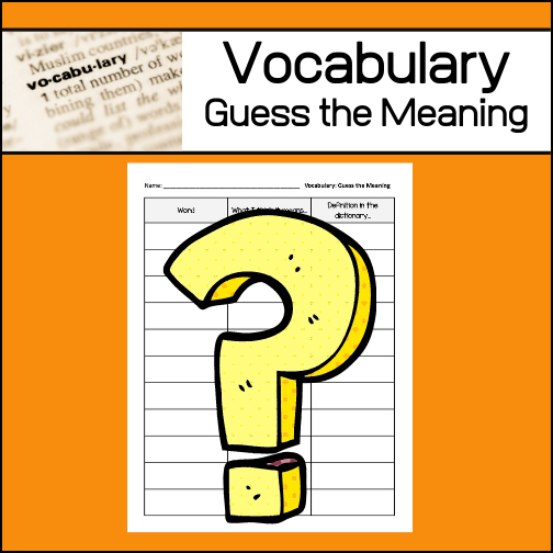 One strategy to help students learn unfamiliar vocabulary is called: Guess the meaning. This worksheet has been designed to be used again and again, throughout the school year as students encounter new vocabulary words. Students will write each 'new' word, what they 'think' it means and then after looking up the word in a dictionary, they will write an actual definition.