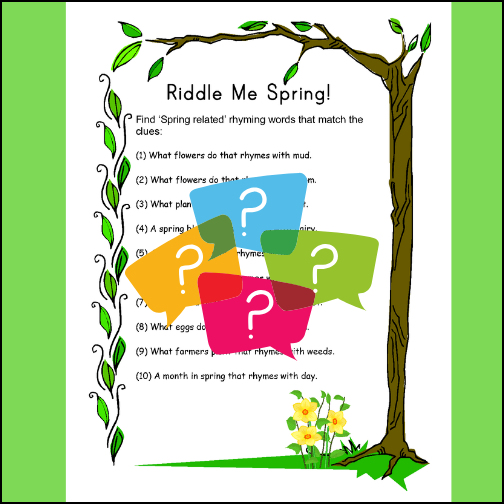 Here is a fun Language Arts activity that will require students to put on their thinking caps! There are 10 Spring riddles requiring a rhyming word to answer.