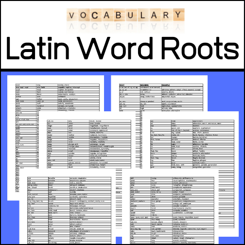 Here is a 6 page reference guide to Latin word roots! For each root, a meaning is given as well as word examples.