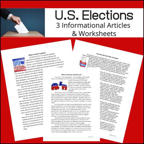 Here are three informational articles that will help students learn about the U.S. Election process, specifically how votes are counted, primaries and caucuses as well as what is Super Tuesday. After reading each, students understanding / comprehension will be assess through two worksheets (for each article). The worksheets are multiple choice and short answer. Answer keys provided.