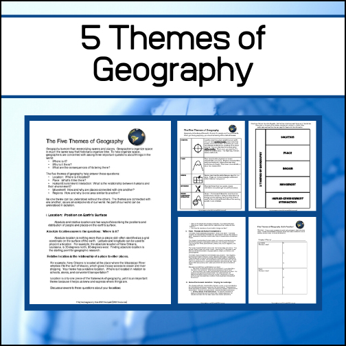 In geography, students should learn the five themes of geography. Learning these themes will help students begin to think like geographers...organizing space (i.e. 'the world') in much the same way as historians organize time. This resource will teach students the five themes plus gives them the opportunity to practice using them!


Includes:
- 4.5 pages of informational text explaining the themes in detail
- A notebooking template and explanation strips for students to use as a study aid
- An activity that can be used again and again so students can put into practice what they have learned