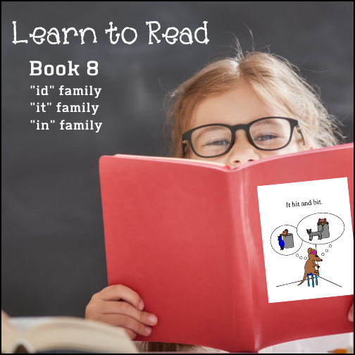 This simple ‘Learn to Read’ book will teach children words from the ‘id', 'in' and it’ word families: sit, fit, hit, bit, hid, tin, bin  as well as a review of a several words from previous books in the series. Students will find cute hand drawn illustrations that go along with the word, phrase or short sentence on each page. (Book 8 – 26 pages).
