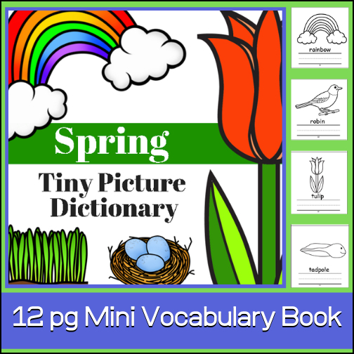 Students will love creating their very own 'Spring Picture Dictionary" with this 12 page mini-book! On each page, students will copy a word (spring-themed vocabulary) and color a picture. Words include: butterfly, caterpillar, frog, grass, ladybug, nest, rain, rainbow, robin, tadpole, tulip.