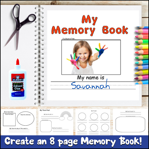 Here is an 8 page memory book for students to create about themselves! Inside, students will list (and draw or add pictures) of their favorite color, animal, sport, food, movie, book, and more. Students will also include the names (and pictures) of their friends and family!