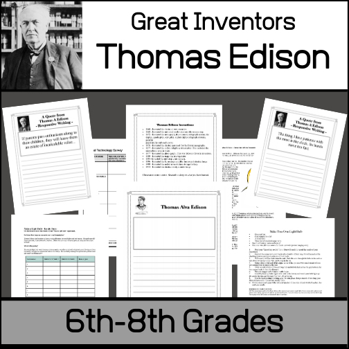 This resource will help students learn about Thomas Edison, the man, his inventions and his impact on our lives today. Unit includes...

- Informational article on Edison
- Timeline and list of important inventions

- Worksheets to assess understanding of matieral
- 14 Notebooking / Report pages
- Make your own light bulb experiment

- Answer Keys