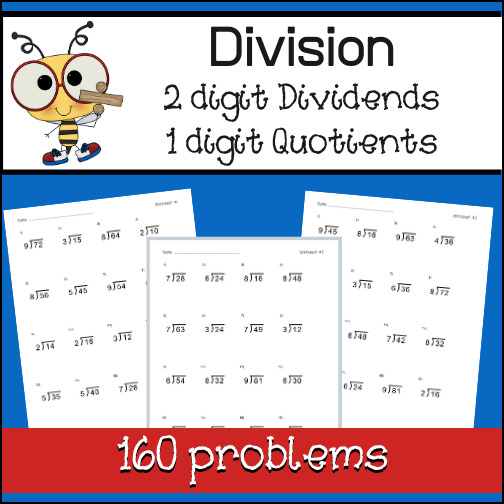 Give students the practice they need to master beginning long division with these 10 worksheets (160 problems) resource. Students will solve division problems with 2 digit dividends and 1 digit quotients.