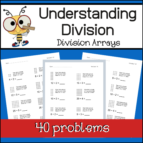 Help students learn and understand the basics of division through visual models (division arrays). This resource includes 5 worksheets (8 problems on each) plus answer keys.