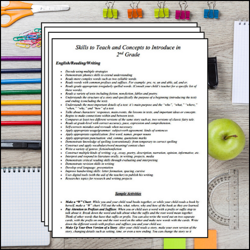 Ready-to-print list of skills and concepts (by subject) to teach in 2nd Grade. Includes sample activity ideas!