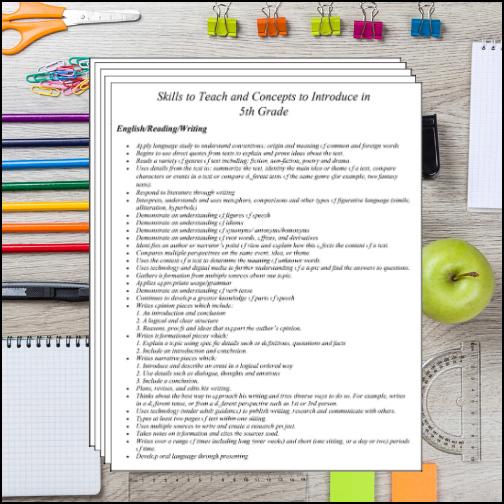 Ready-to-print list of skills and concepts (by subject) to teach in 5th Grade. Includes sample activity ideas!