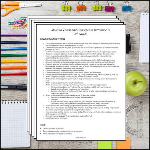 Ready-to-print list of skills and concepts (by subject) to teach in 6th Grade. Includes sample activity ideas!