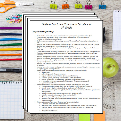 Ready-to-print list of skills and concepts (by subject) to teach in 8th Grade. Includes sample activity ideas!
