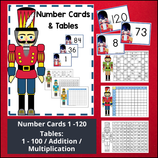 This resource can be used for hours of Math learning, reinforcement and practice during December and give lessons a Christmas holiday twist!

What you get:

    Nutcracker themed number cards 1 - 120 (plus extra blank cards)
    100s chart poster and handout
    Addition table
    Multiplication table