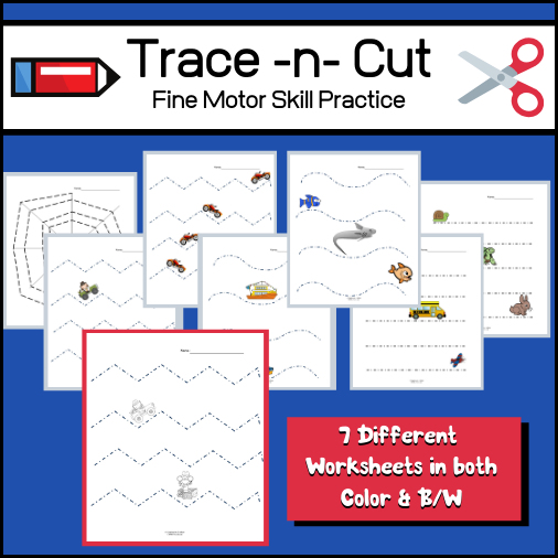 Give students fun pages to practice fine motor skills through tracing and cutting! I've created 7 different pages (each in both color and b/w) that include fun, themed pictures that students will love. Example themes include transportation ; explorers ; fish