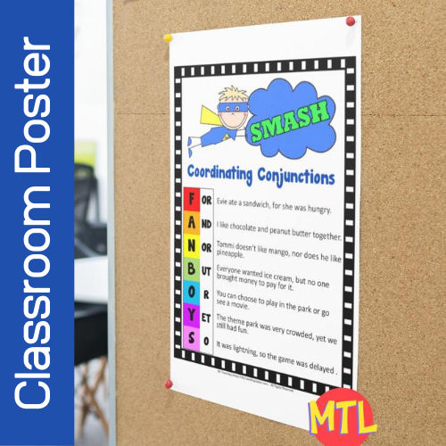 Perfect for visual learners, this coordinating conjunctions poster is helpful when students are learning about conjunctions. Hang in the classroom on a skills wall, in a Language Arts center or shrink and have students put it on or in their notebooks!