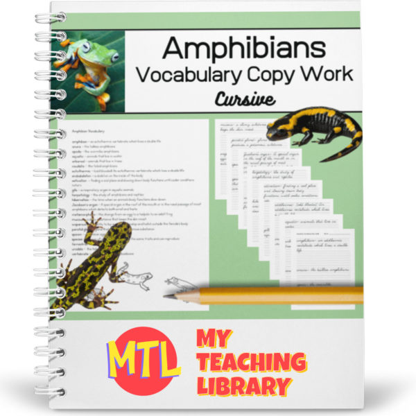 Studying amphibians? Help students learn important amphibian related vocabulary words and definitions while practicing copy work and handwriting (cursive). This resource include 22 vocabulary words and definitions.