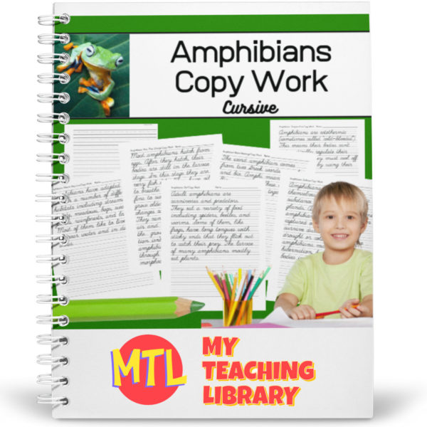Teach students about amphibians as they read and copy each page of this resource! While practicing handwriting skills copying the cursive text, students will learn about the following:

– The meaning of the word ‘amphibian’
– Habitat
– Diet
– Amphibian metamorphosis
– Regulation of body temperature
– Defense mechanisms