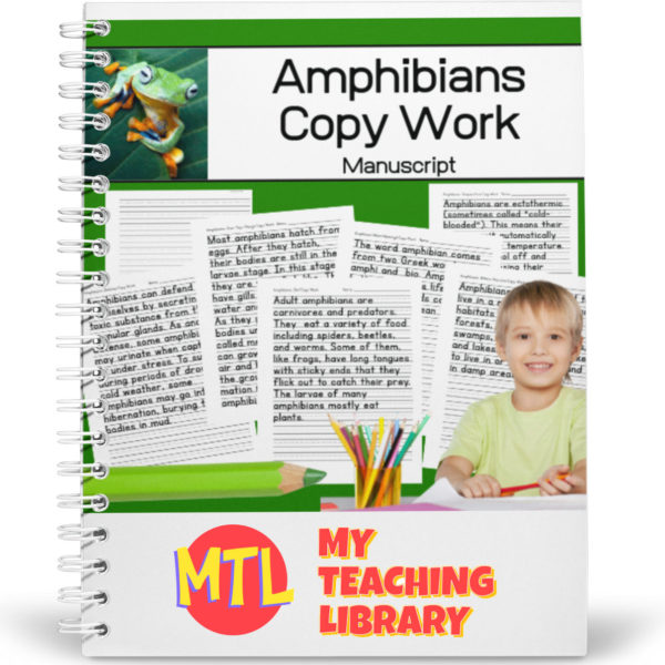 Teach students about amphibians as they read and copy each page of this resource! While practicing handwriting skills copying the manuscript text, students will learn about the following:


- The meaning of the word 'amphibian'

- Habitat

- Diet

- Amphibian metamorphasis

- Regulation of body temperature

- Defense mechanisms
