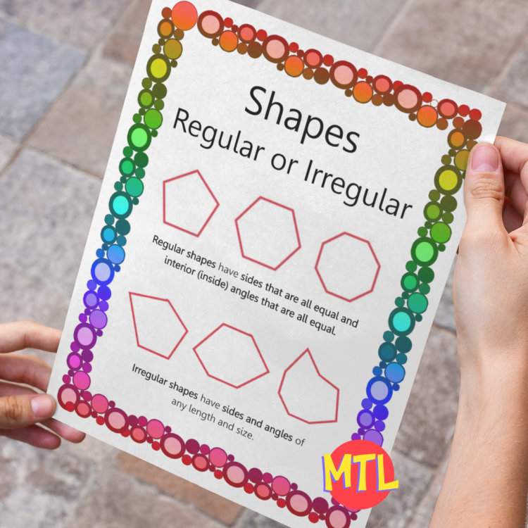 Help students learn and remember the difference between regular and irregular shapes by displaying this classroom poster!
