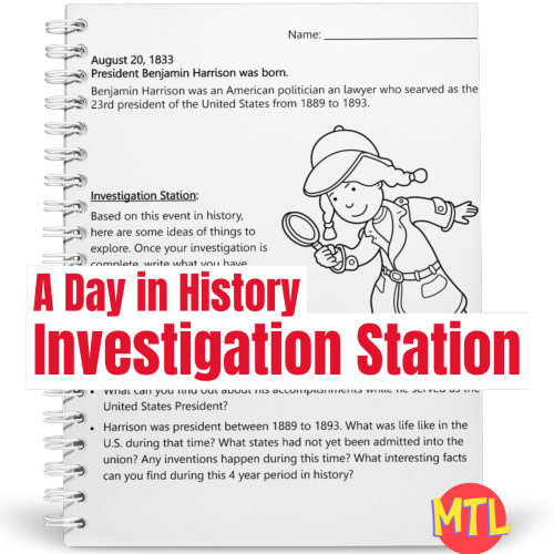 A Day in History - Investigation Station is a series of fun sleuthing research activities based on a single event on a specific day in history!
Students will learn about an event and be given several topics from which to choose to 'investigate'. After some exploration, students are asked to write what they have discovered and name used sources.