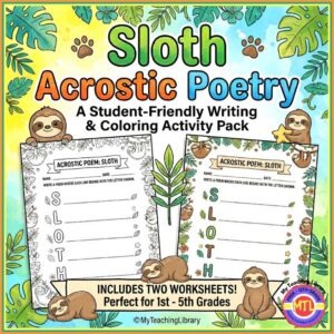 Sloth Acrostic Poetry for Creative Learning | Print & Go for 1st-5th Grades